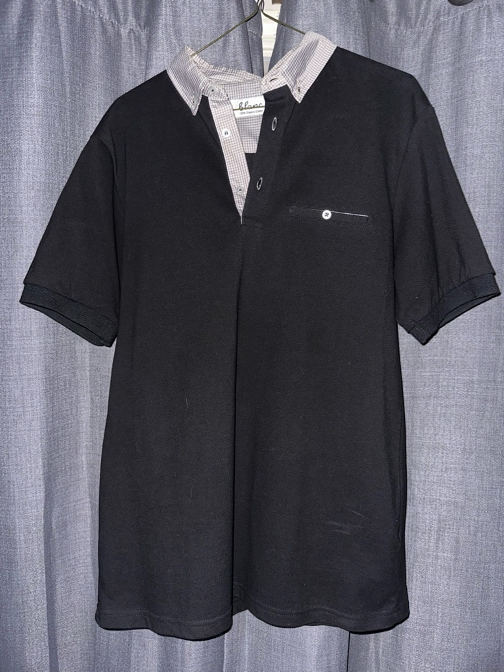 Men's Black Short-Sleeve Polo with Contrast Check Collar